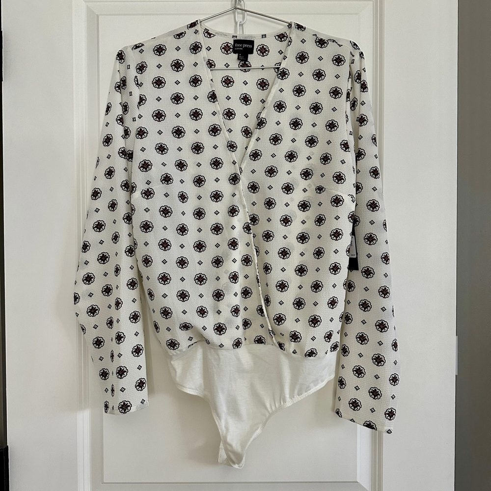 Free Press White Floral Thong Bodysuit Long Sleeve NWT!